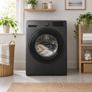 Generic black-and-grey front-load washing-machine category image. AI-generated illustration; not the exact retail product.