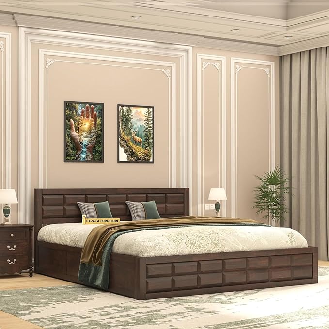 STRATA FURNITURE Solid Sheesham Wood Queen Size Bed with Box Storage | Wooden Double Bed Cot Palang Furniture for Bedroom Living Room and Home (Walnut Finish)