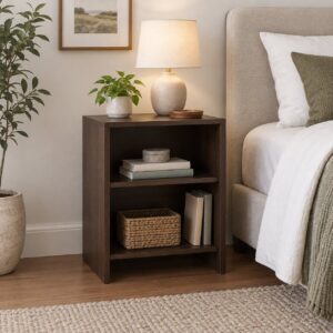 Generic three-shelf bedside table category image. AI-generated illustration; not the exact retail product.
