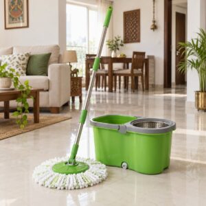 Generic green twin-bucket spin-mop category image. AI-generated illustration; not the exact retail product.