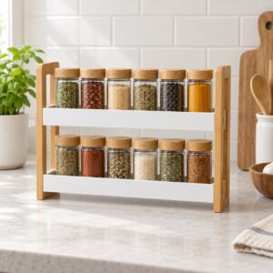 Generic white two-tier spice-rack category image. AI-generated illustration; not the exact retail product.
