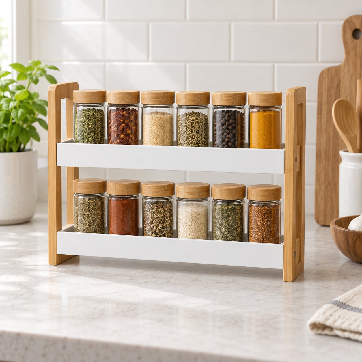 Generic white two-tier spice-rack category image. AI-generated illustration; not the exact retail product.