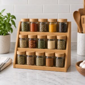 Generic three-tier wooden spice-rack category image. AI-generated illustration; not the exact retail product.