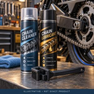 Illustrative motorcycle chain-cleaning and lubrication kit; not the exact Amazon product.