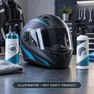 Illustrative motorcycle helmet-care kit with generic visor and interior cleaning sprays; not the exact Amazon product.
