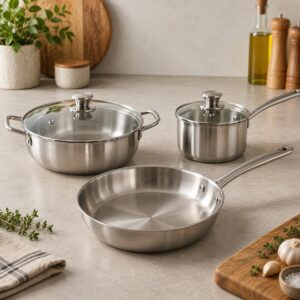 Illustrative AI-generated image of stainless-steel cookware; not the exact Prestige product.
