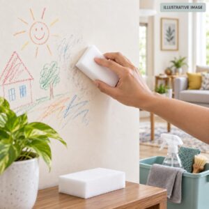 Illustrative image of a generic white cleaning sponge removing crayon marks from a wall