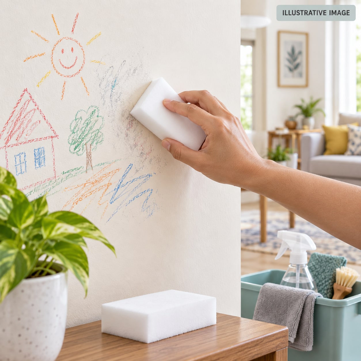 Illustrative image of a generic white cleaning sponge removing crayon marks from a wall