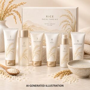 White and gold skincare tubes beside a bowl of rice and a box. AI illustration, not the exact retail product.