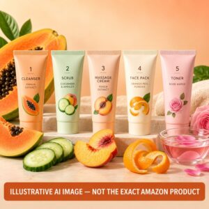 Pastel skincare tubes arranged with fruit. AI illustration, not the exact retail product.