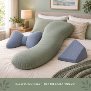 Illustrative maternity pillow bundle with a long body pillow, butterfly support pillow and wedge cushion