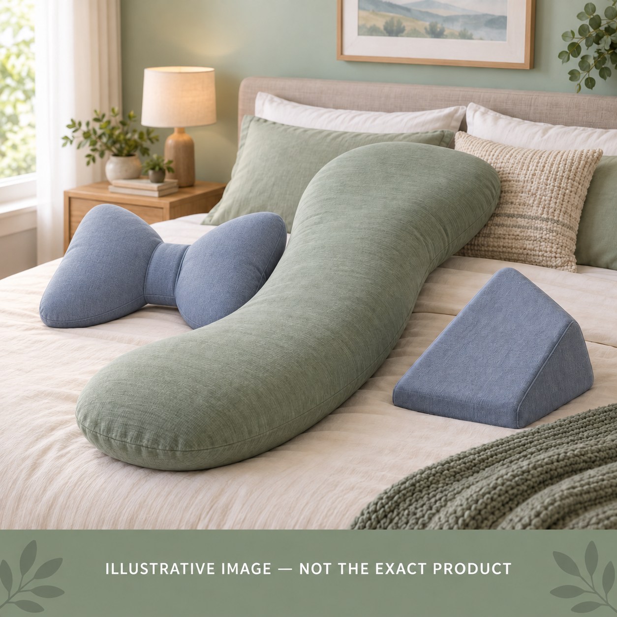 Illustrative maternity pillow bundle with a long body pillow, butterfly support pillow and wedge cushion
