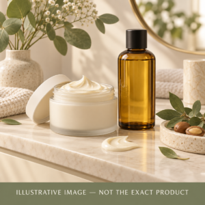 Illustrative unbranded body-butter jar and amber body-oil bottle on a cream vanity