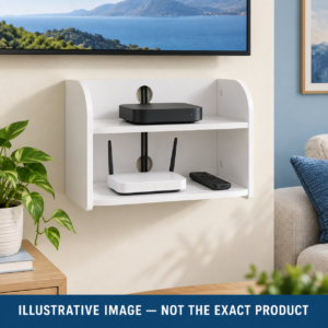 Illustrative white two-tier wall-mounted media shelf holding a streaming box and router