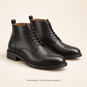 AI illustration of a generic pair of black lace-up formal ankle boots; not the exact product