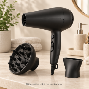 AI illustration of a generic black hair dryer with a diffuser and concentrator; not the exact product