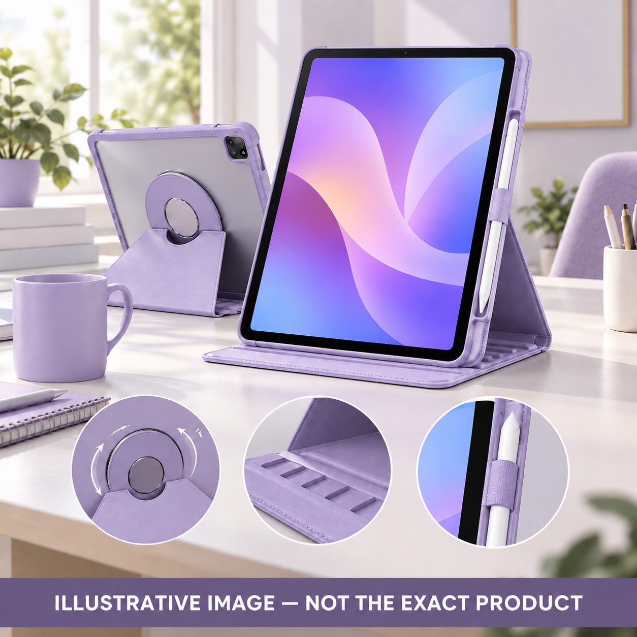 Illustrative light-purple rotating tablet case with a stylus holder and multi-angle stand