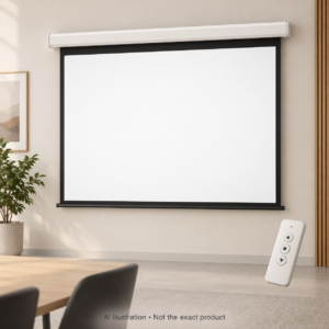 AI illustration of a generic wall-mounted projection screen with a remote in a presentation room; not the exact product