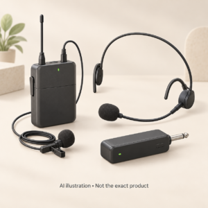 AI illustration of a generic wireless bodypack, headset microphone, lapel microphone and plug-in receiver; not the exact product